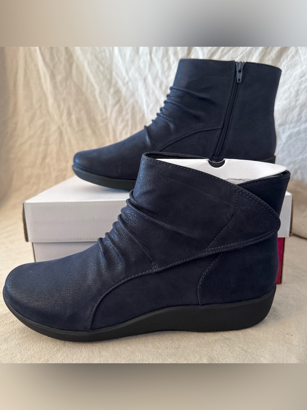 Clarks Cloudsteppers Sillian Chell Navy Side-Zip Ankle Booties with Ruched Upper